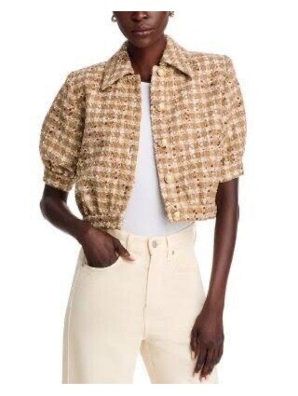 L'AGENCE Cove Tan Cream Checkered Tweed Cropped Jacket Gold Button Size P / XS
